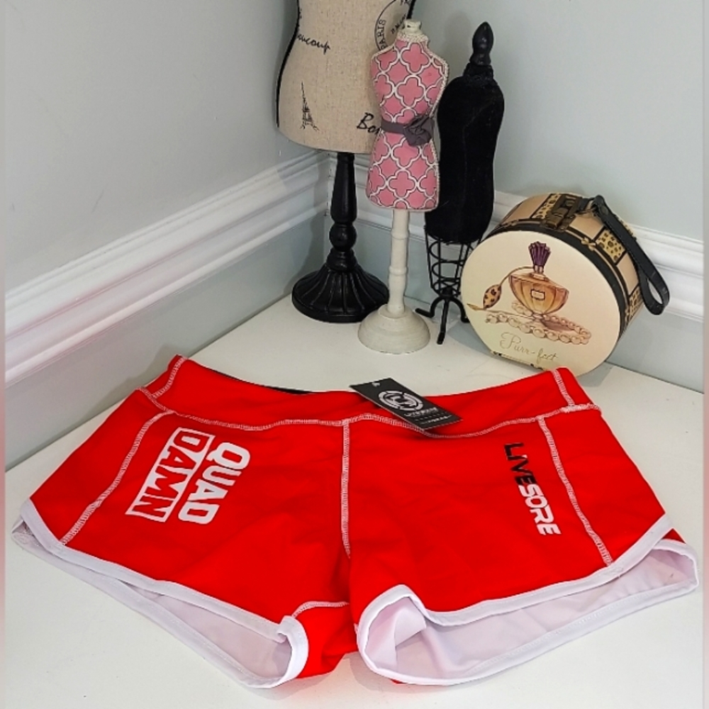 Livesore Red and White Quad Damn Workout Shorts NWT